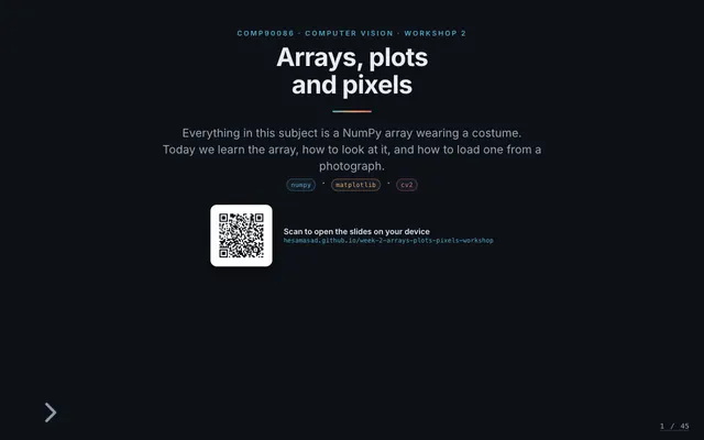 Preview of the Week 2 page: Arrays, plots and pixels